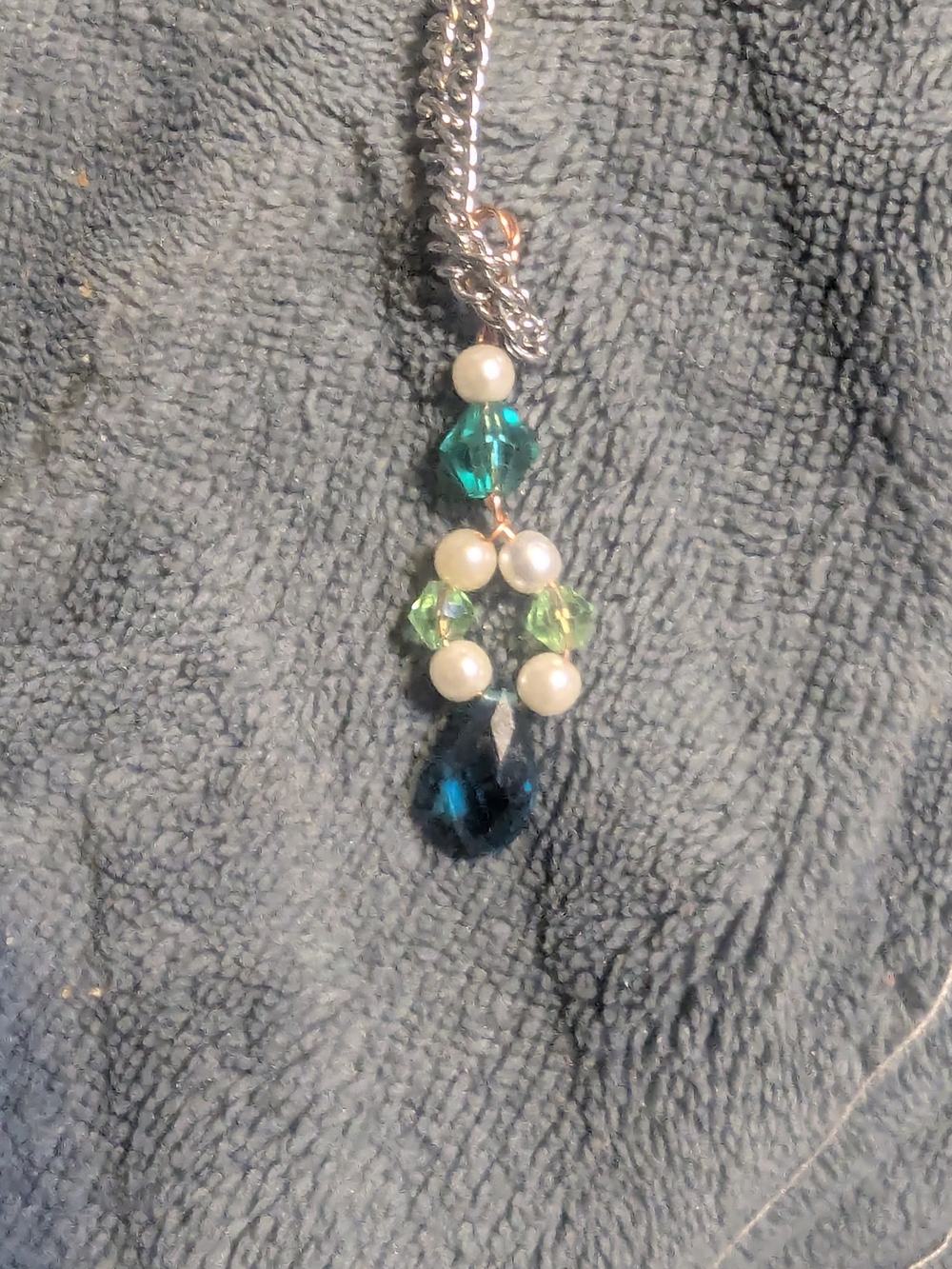Delicate Pearl and Teal Crystal Pendant Necklace